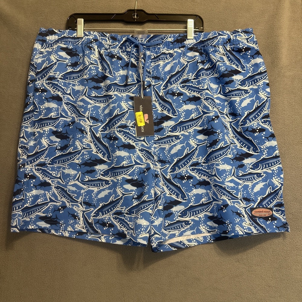 NWT Vineyard Vines Chappy Swim Trunks Mens XXL 7" Blue Tide Blue Fishing